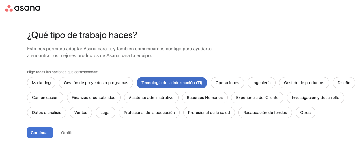 Tipo de trabajo Asana